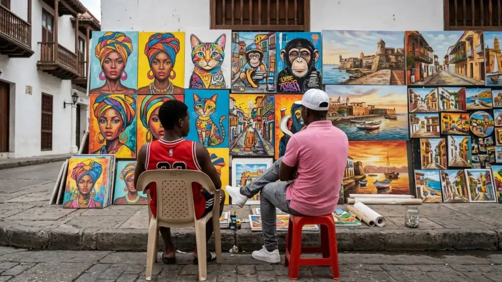 Dos artistas locales sentados frente a una colorida exposición de pinturas callejeras en Cartagena, Colombia, representando el impacto de la economía naranja y las industrias culturales.
