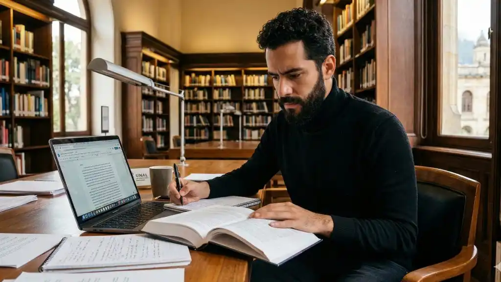 Hombre con barba en una biblioteca analizando un texto frente a su laptop, representando un proceso de escritura académica reflexivo y profesional.