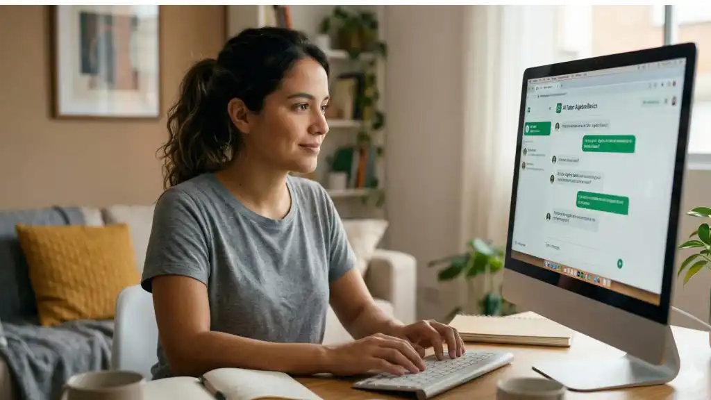 Mujer joven revisando una interfaz de chat que simula el uso de herramientas de inteligencia artificial en la educación.