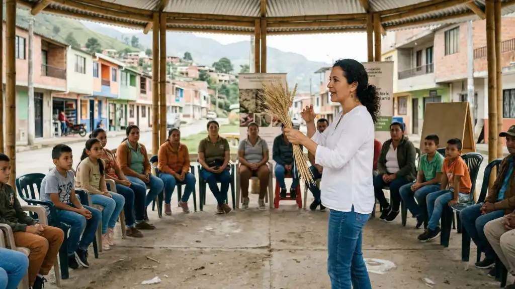 Un grupo de personas dentro de la población vulnerable se reúne en una sesión comunitaria o taller.