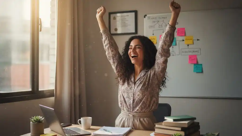 Mujer sonriente con los brazos en alto frente a un laptop, simbolizando la productividad académica y el éxito personal.
