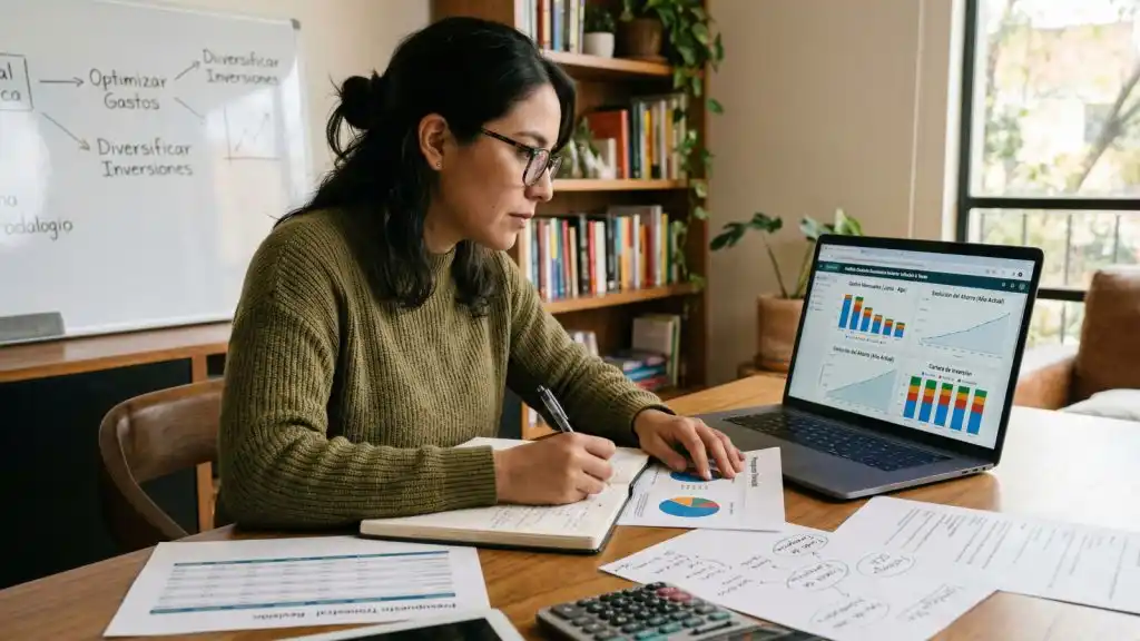 Profesional revisando su situación financiera con gráficos y notas, evaluando gastos, ahorro e inversión para tomar decisiones informadas en un contexto económico incierto.