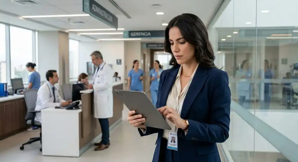 Doctora en una junta de trabajo revisando cifras, estadísticas y proyectos con equipo médico para mejorar la atención sanitaria en la clínica.