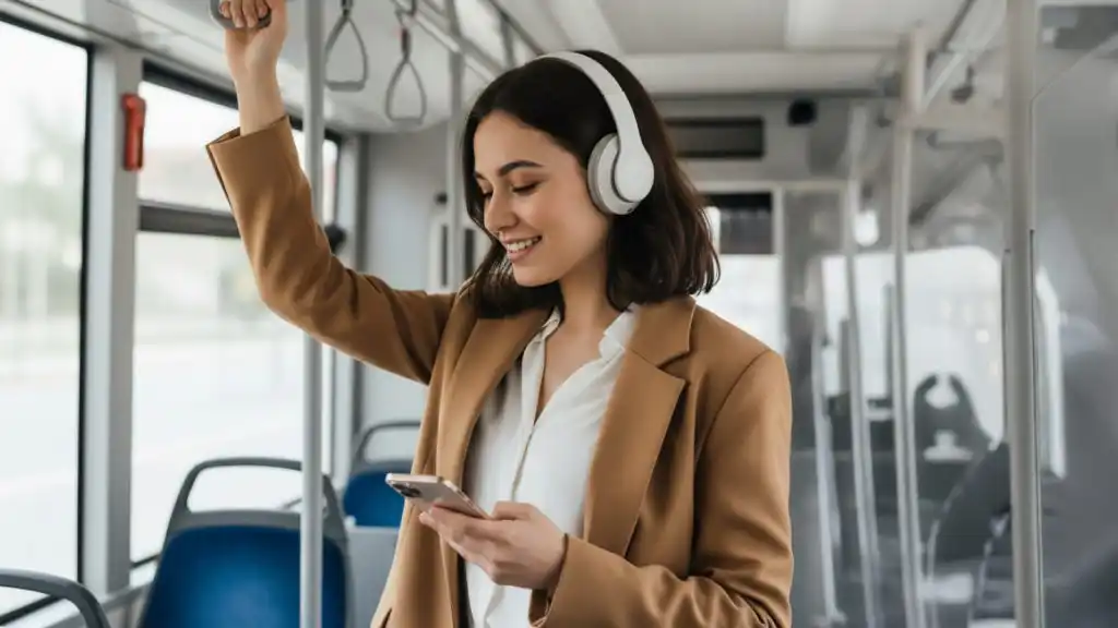 Mujer contenta leyendo desde el celular en el autobús, equilibrando trabajo y estudio al mismo tiempo.
