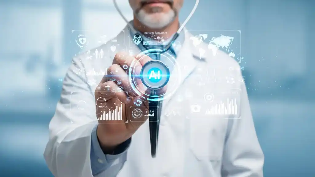 Inteligencia artificial en la salud: médico usando tecnología avanzada con interfaz digital para diagnóstico de pacientes.