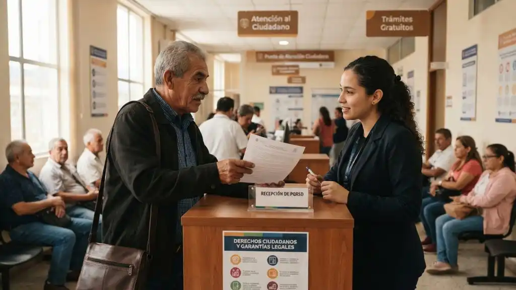Ciudadano recibe orientación y presenta documentos en un punto de atención de la Personería, ilustrando el derecho al acceso a la administración de justicia mediante servicios de atención, recepción de solicitudes y defensa de derechos.