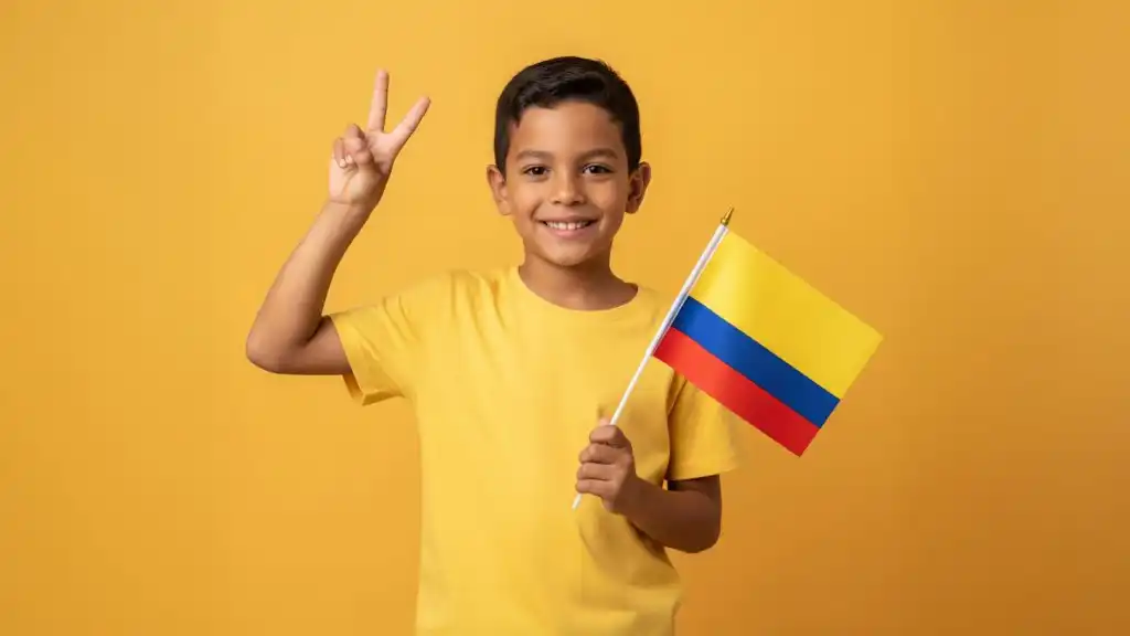 Niño colombiano sosteniendo la bandera de Colombia y sonriendo, simbolizando la educación para la paz en Colombia y el orgullo por la cultura nacional.