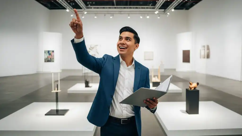 Joven gestor cultural latino sonriente en un espacio expositivo, señalando hacia arriba con entusiasmo y sosteniendo una carpeta entre las manos representando la labor de la gestión cultural.