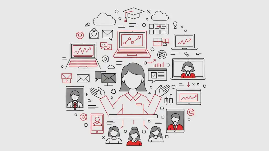 Ilustración de docente enseñando en línea con herramientas digitales educativas, rodeado de iconos tecnológicos como laptop, nubes, gráficos y estudiantes conectados desde dispositivos.