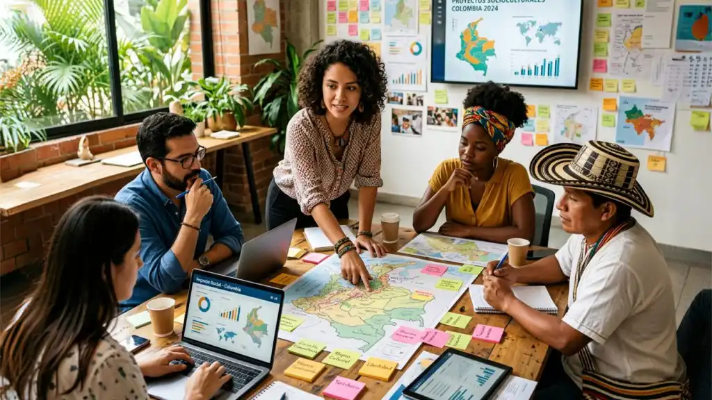 Escena colaborativa donde tecnología, datos y diversidad cultural se conectan para planificar proyectos socioculturales en Colombia