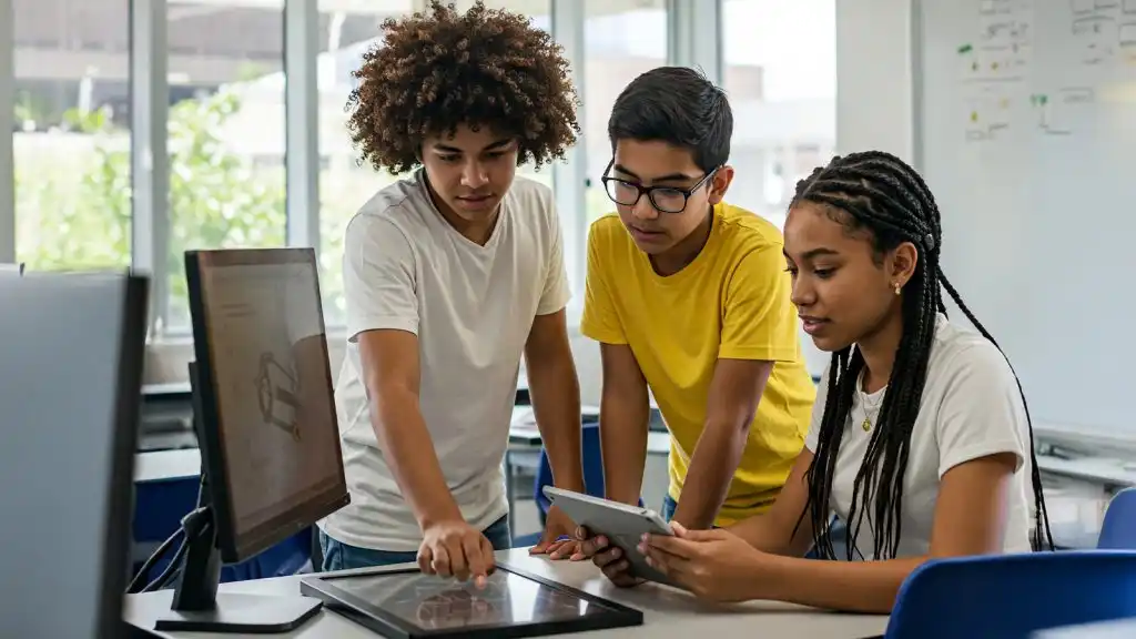 Grupo diverso de estudiantes interactuando con tecnología educativa en un aula moderna, representando metodos pedagógicos emergentes.