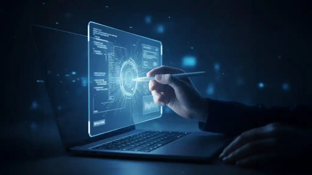 Persona escribiendo en una laptop mientras interactúa con interfaces digitales y un asistente de inteligencia artificial, representando el uso de IA como apoyo en procesos de lectoescritura y análisis de contenido.