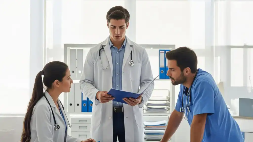 Médico líder con otros médicos colaboradores en sala de juntas revisando documentos clínicos y estratégicos, simbolizando liderazgo colaborativo en servicios de salud. 