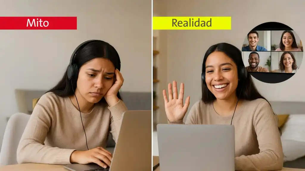 Ilustración dividida en dos paneles: a la izquierda, estudiante triste trabajando sola frente a su laptop (mito: estudias solo); a la derecha, la misma estudiante sonriente participando en trabajo colaborativo virtual con compañeros mediante videollamada, mostrando el reto de la educación virtual
