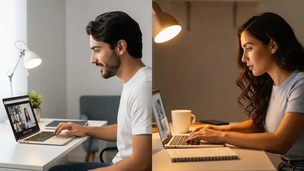 Imagen dividida en dos que muestra a dos estudiantes: uno recibiendo educación en línea sincrónica y otro recibiendo educación en línea asincrónica en su laptop.