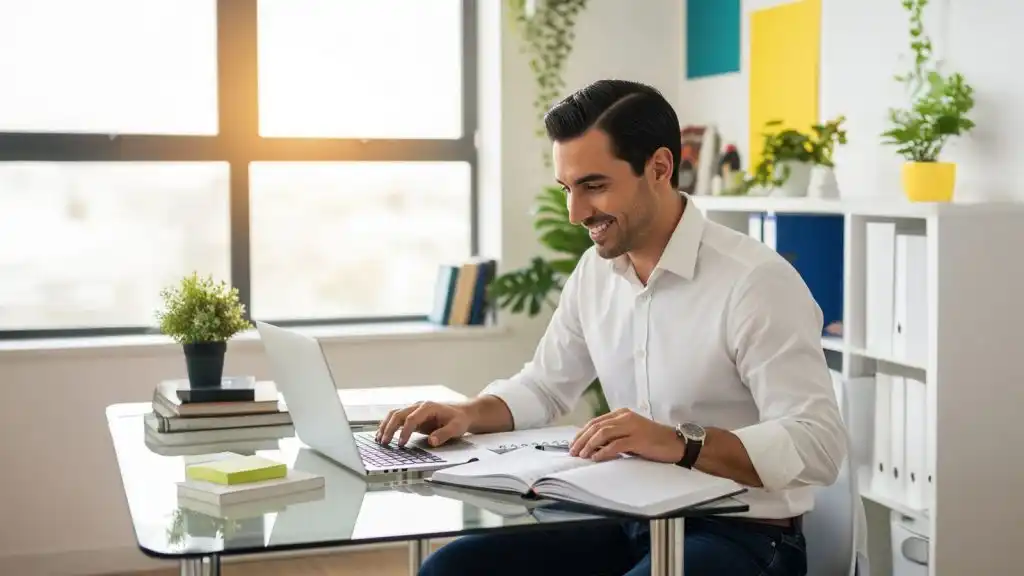 Persona adulta usando una laptop mientras revisa una agenda, representando el equilibrio entre trabajo y estudio gracias a una buena organización del tiempo.