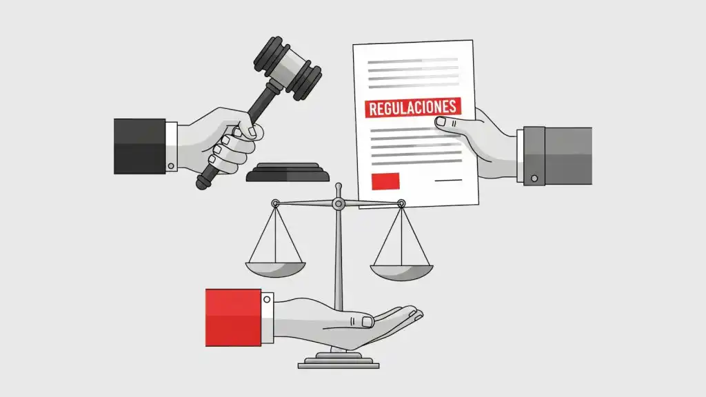 Ilustración estilo collage con conceptos clave sobre legislación, normas y gobierno, representando visualmente las ideas relacionadas con las ramas del poder público.