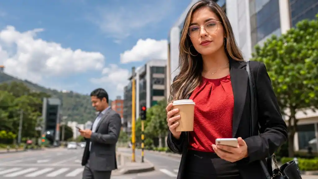 Profesionales consultan sus teléfonos móviles en un entorno urbano, representando el impacto del salario mínimo en el poder adquisitivo y la vida laboral.