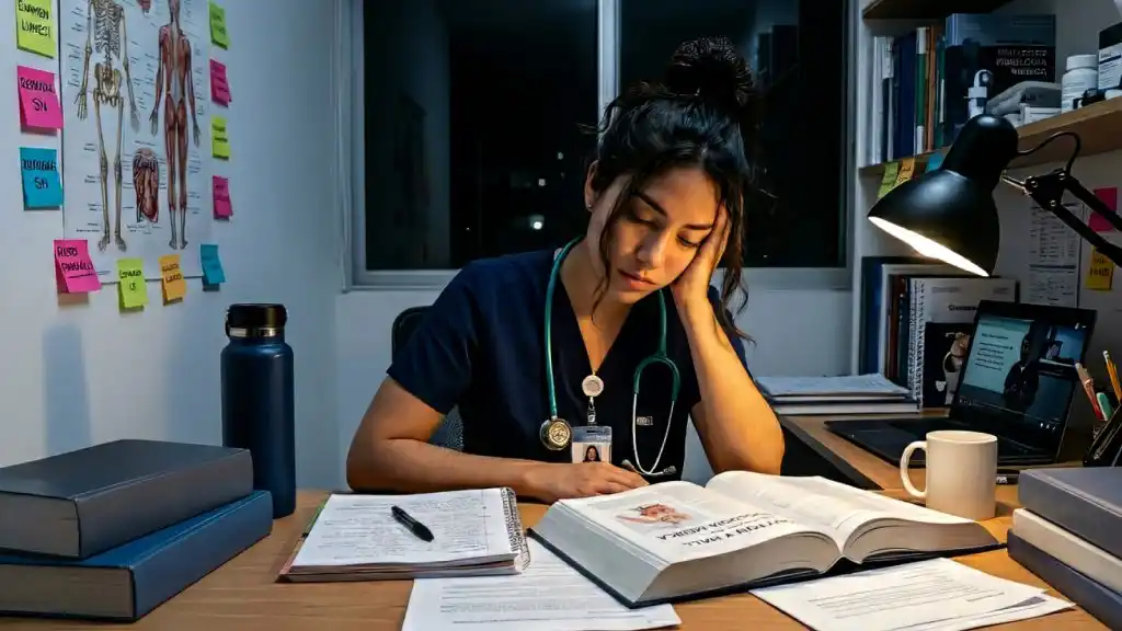 Estudiante de medicina agotada estudiando durante la noche en un entorno clínico-académico, reflejando el impacto del burnout y la presión emocional en la salud mental en estudiantes de medicina.