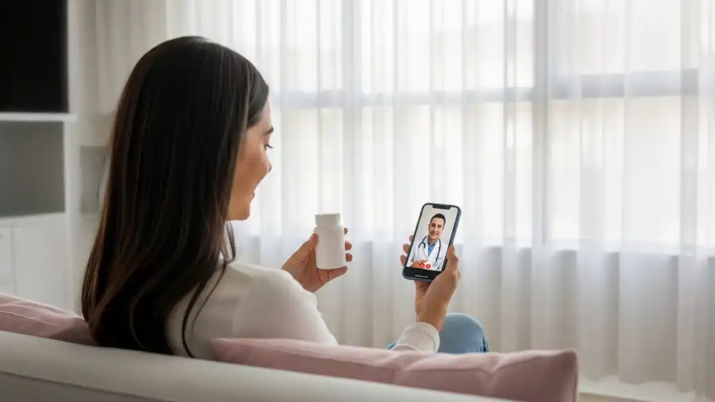 Mujer joven en consulta médica virtual desde casa con profesional de salud, representando atención por telemedicina en Colombia.
