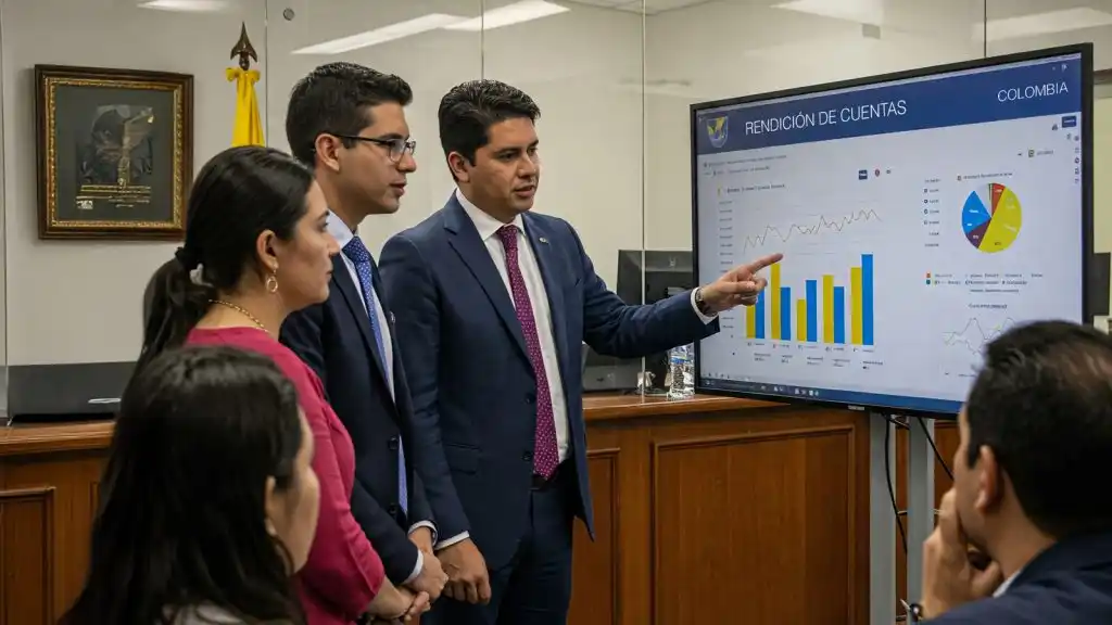Funcionarios públicos y ciudadanos interactuando en una oficina gubernamental con pantallas digitales que muestran datos abiertos y gráficos de rendición de cuentas en Colombia.